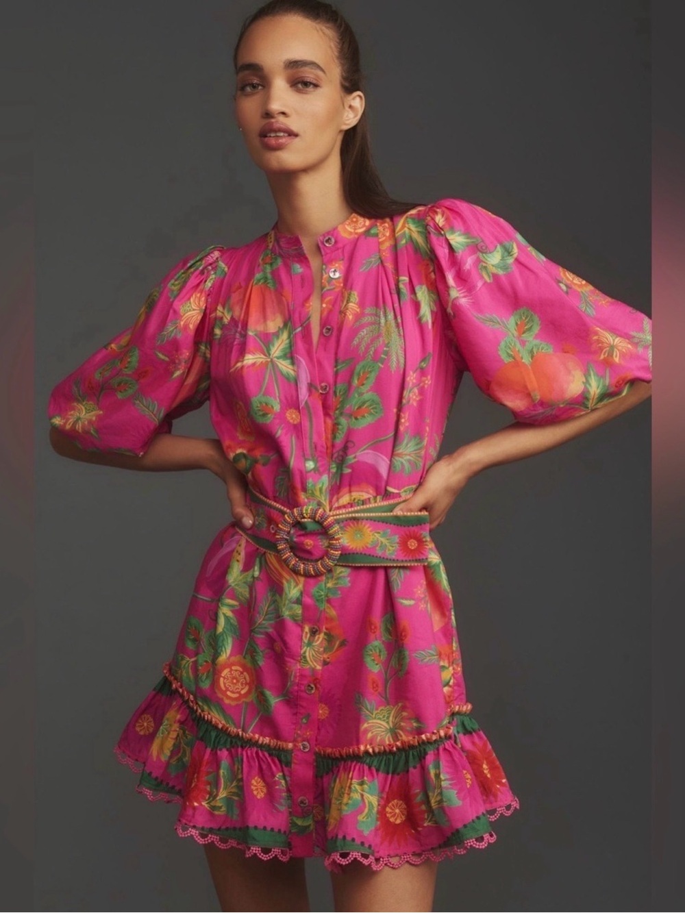 FARM Rio Hot Pink Tropical-Print Button Mini Dress